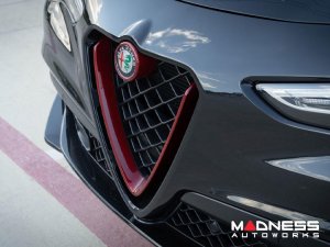 Alfa Romeo Stelvio Front V Shield Grill Frame + Emblem Frame Kit - Carbon Fiber - QV Model - Red Candy